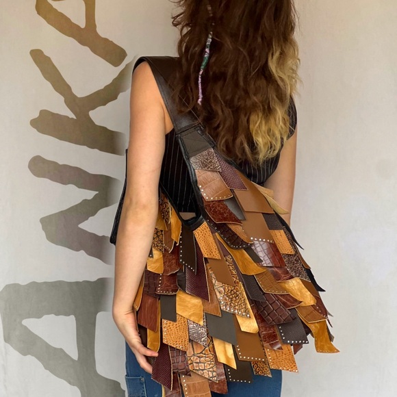 Handmade multicolored hippie fringe tassel leather Boho bag - Picture 4 of 8